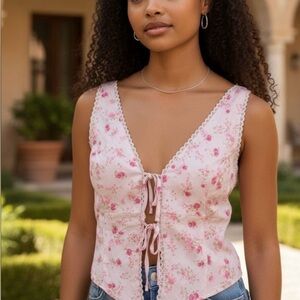 Pink Rose Pink Floral Lace-Trim Tie-Front Tank